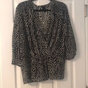 blue with white polka dot blouse